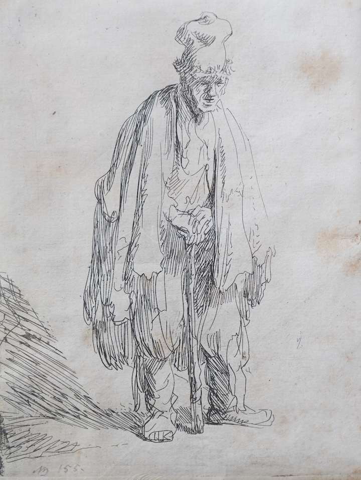 Rembrandt Van Rijn, Dutch 1606-1669, 'Beggar in a High Cap, Standing and Leaning on a Stick'